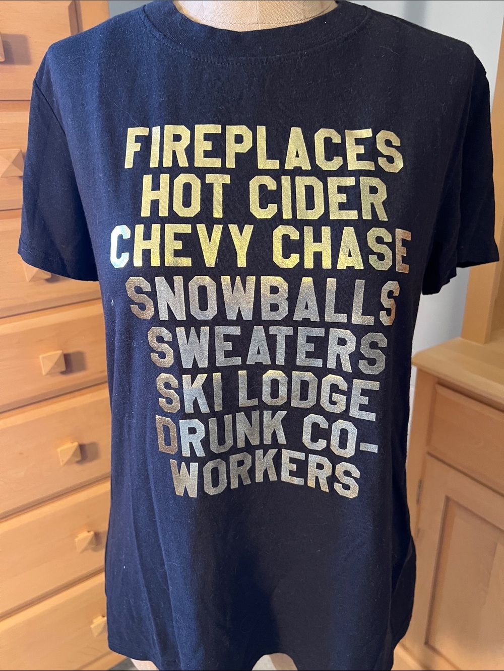 Black Graphic Tee with Gold Holiday Text